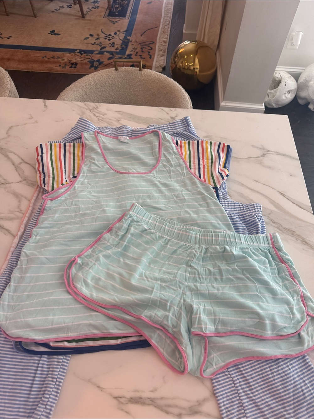 LAKE- Womens Mint Stripe Tank & Shorts Pajama Set with Pink Trim